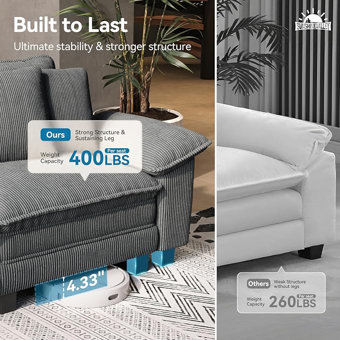 SUNSHINE VALLEY 3 Piece Living Room Sofa Furniture Set, Corduroy 2 Comfy Cloud - Image 5