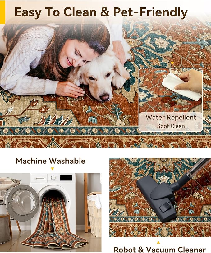 RELEANY Area Rugs 10'x12' Washable Non-Slip, Floral Vintage Distress Print - Image 5