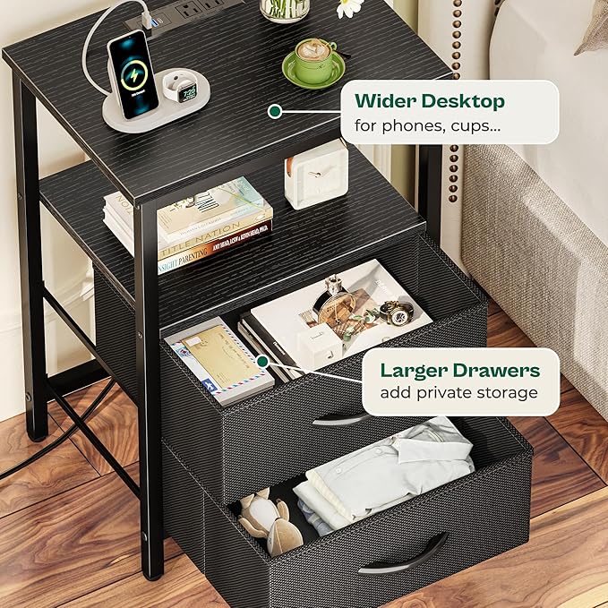Huuger Night Stand with Charger Station and LED Lights, 2 Drawer Nightstand - Image 7