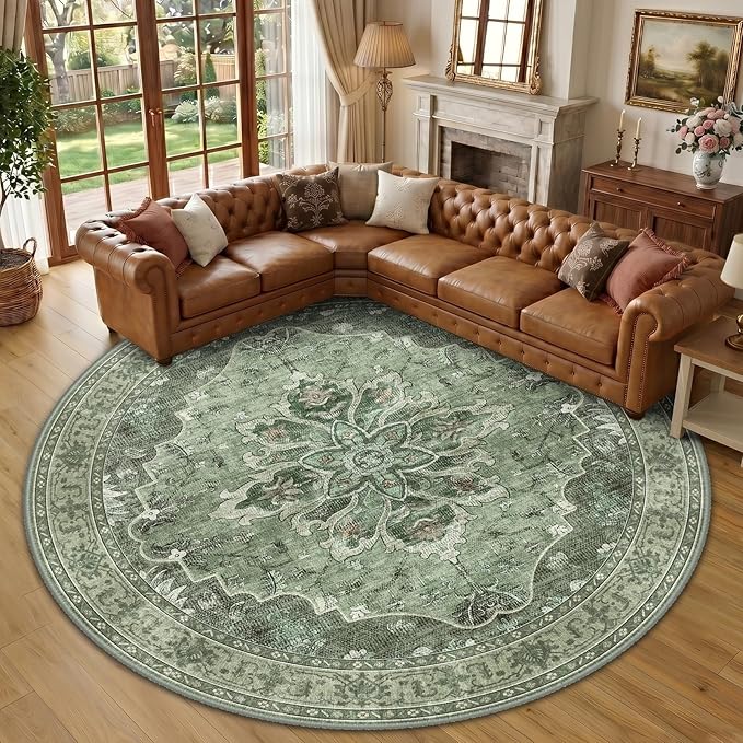 RELEANY Area Rugs Round 10ft Washable Non-Slip, Floral Vintage Distress Print by RELEANY