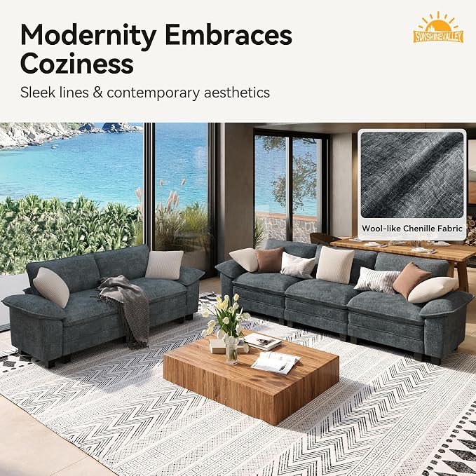 SUNSHINE VALLEY 87.5'' Oversized Loveseat Couch and Chair Set, 3-Seat Chenille - Image 8