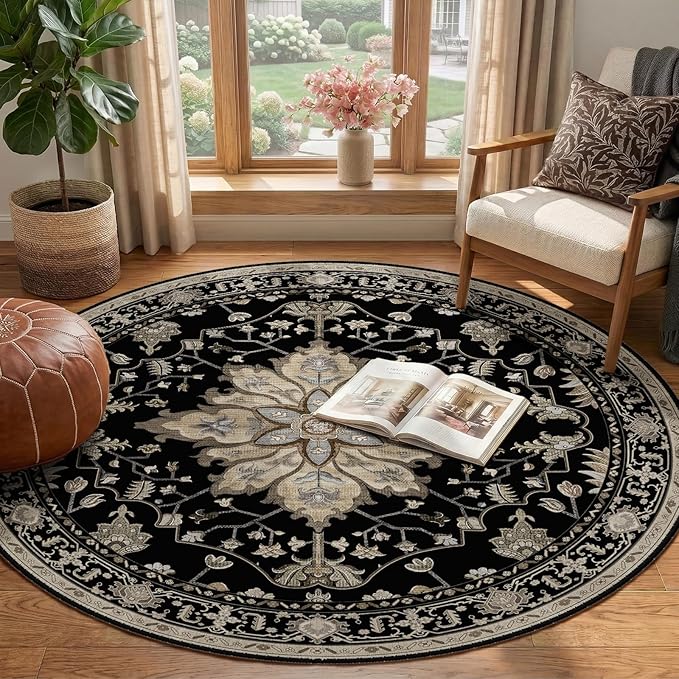 RELEANY Area Rugs Round 4ft Washable Non-Slip, Floral Vintage Distress Print - Image 2
