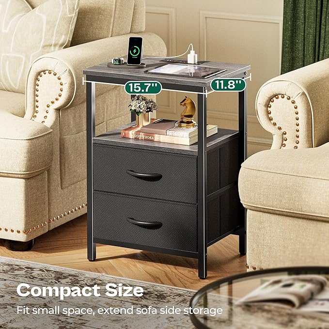 Huuger Night Stand with Charger Station and LED Lights, 2 Drawer Nightstand - Image 8