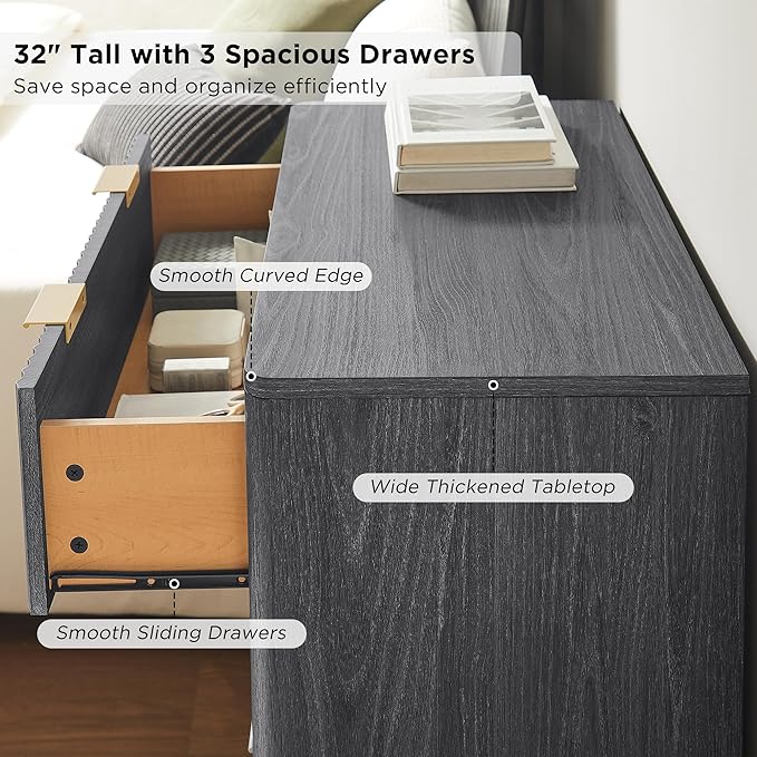 T4TREAM Fluted 3 Drawers Nightstand Set of 2, Oversized Extra Large Modern Side - Image 5