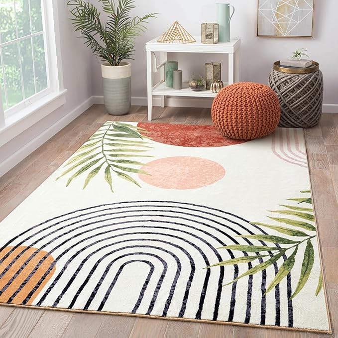 RoomTalks Mid Century Modern Washable Rug, Boho Cute Aesthetic 5x7 Area Rugs by RoomTalks