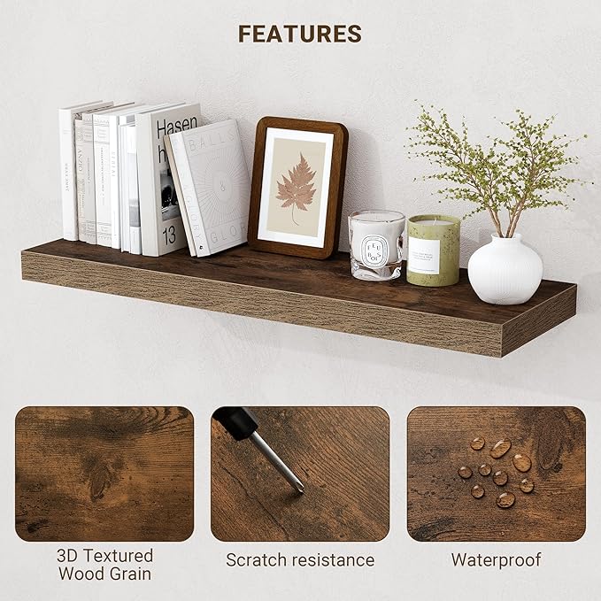 Acovy 32 Inch Floating Shelves, 3D Textured Wood Grain, Wooden Shelves - Image 4