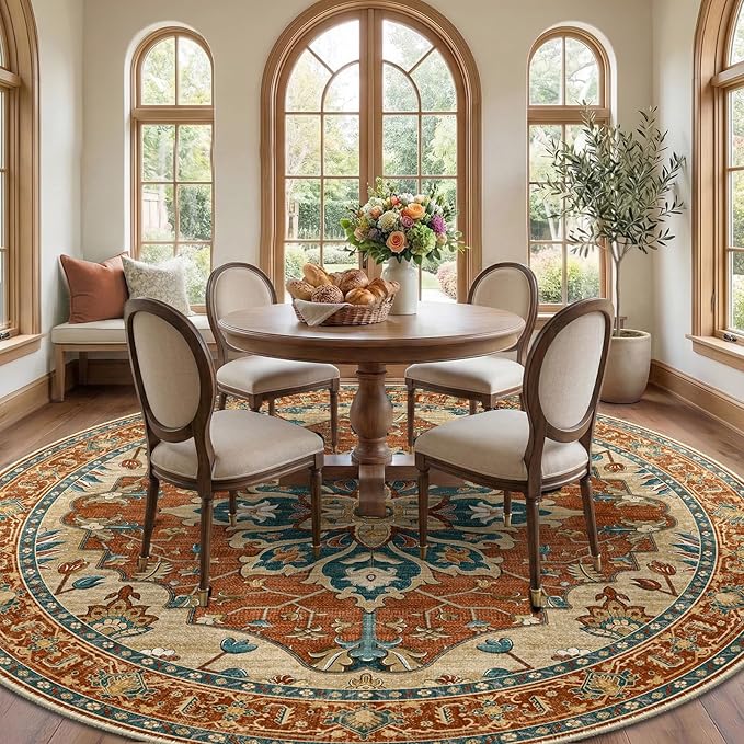RELEANY Area Rugs Round 8ft Washable Non-Slip, Floral Vintage Distress Print - Image 3