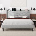 Feonase Full Bed Frame with Charging Station, Linen Upholstered Platform by FEONASE
