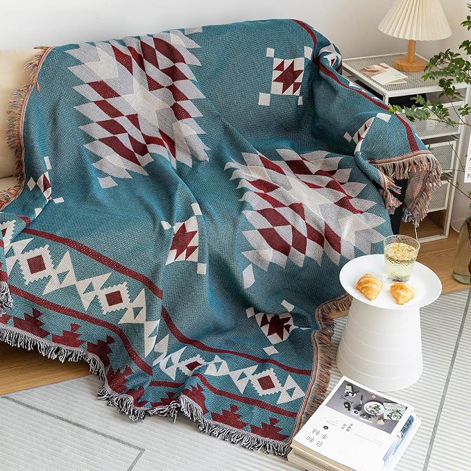 VClife Boho Couch Cover Soft Cotton Linen Blue Red Gray Triangle Plaid - Image 8