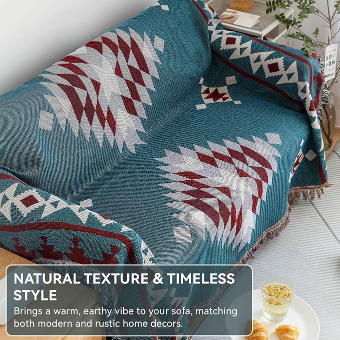 VClife Boho Couch Cover Soft Cotton Linen Blue Red Gray Triangle Plaid - Image 2