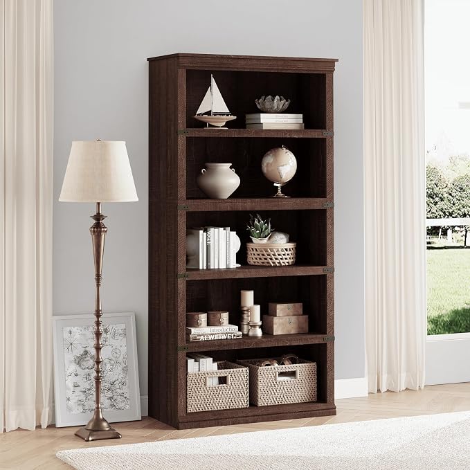 GarveeHome 5 Tier Farmhouse Bookcase, 67.4" Tall Book Shelf - Image 4