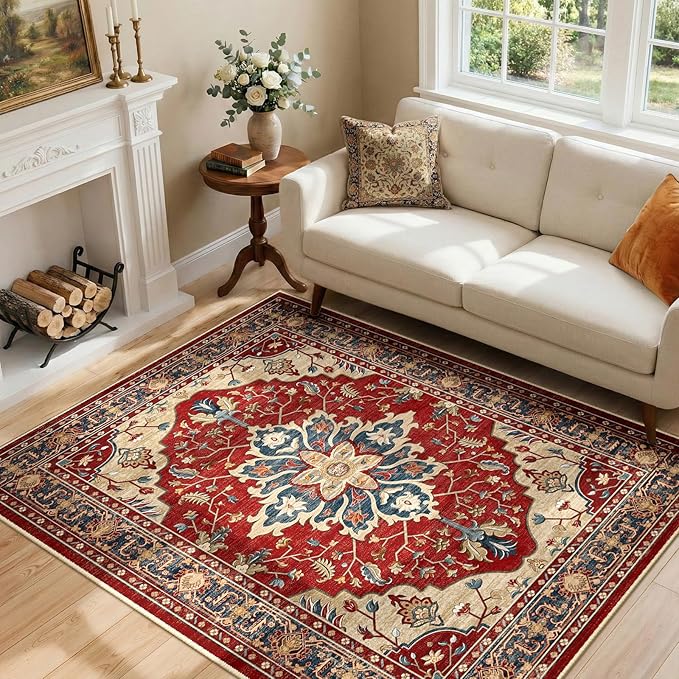 RELEANY Area Rugs 4'x6' Washable Non-Slip, Floral Vintage Distress Print by RELEANY