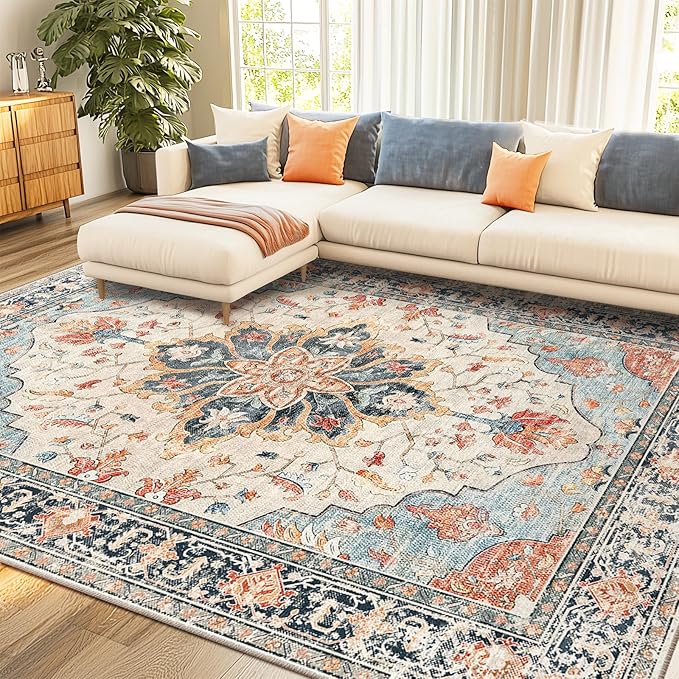 RELEANY Area Rugs 8'x10' Washable Non-Slip, Floral Vintage Distress Print by RELEANY