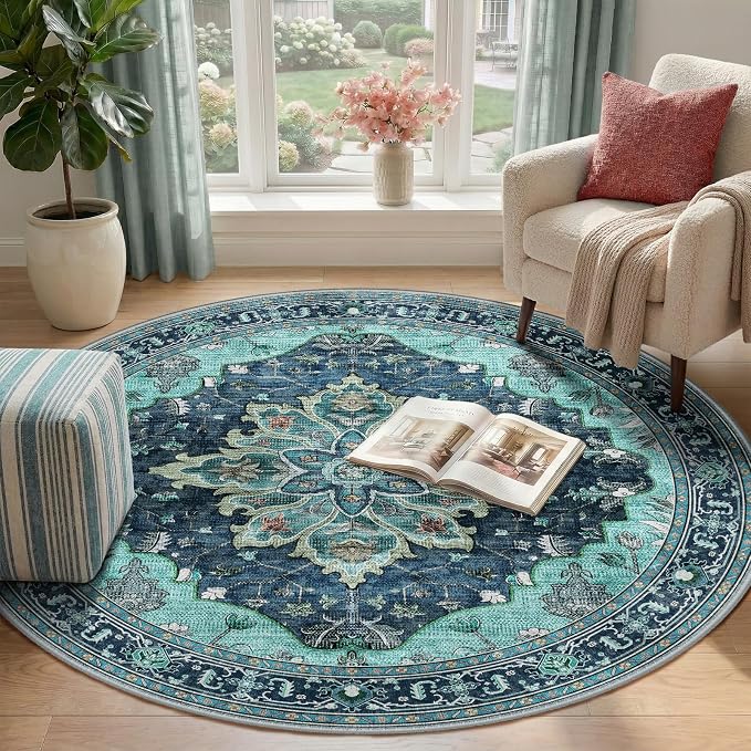 RELEANY Area Rugs Round 4ft Washable Non-Slip, Floral Vintage Distress Print - Image 2