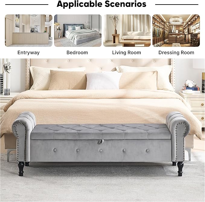 Storage Bench for Bedroom, Velvet 67" End of Bed Bench, King Size Benches - Image 7