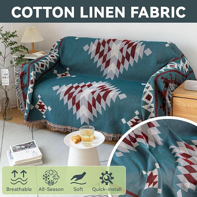 VClife Boho Couch Cover Soft Cotton Linen Blue Red Gray Triangle Plaid - Image 4