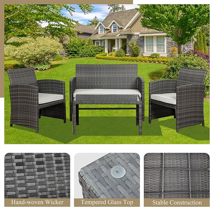 JAMFLY 4 Piece Outdoor Patio Furniture Set, Outdoor Wicker Rattan Chairs - Image 4