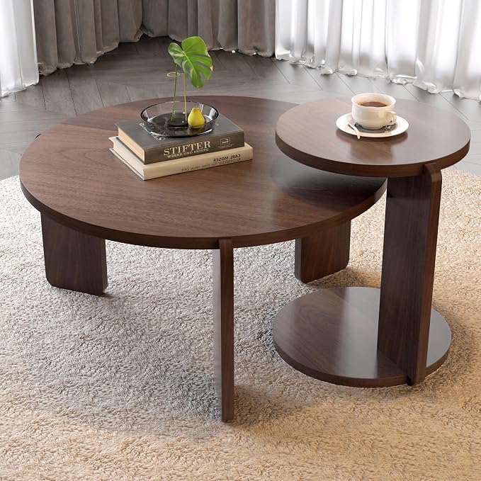 GDFStudio Round Nesting Coffee Table Set of 2, Modern Wooden Accent Side Table by GDFStudio