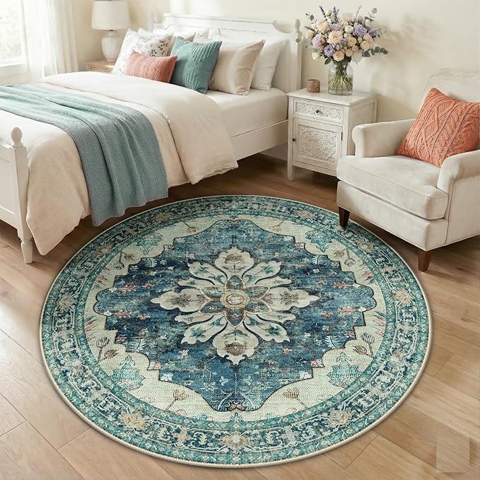 RELEANY Area Rugs Round 5ft Washable Non-Slip, Floral Vintage Distress Print by RELEANY