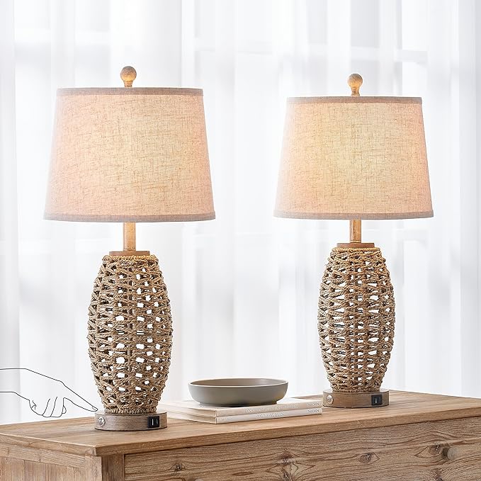 27” Natural Rattan Table Lamps Set of 2, Touch Switch, 3-Way Dimmable Bedside - Image 4