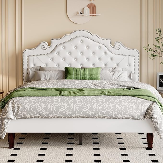 Allewie Queen Bed Frame with Adjustable Velvet Tiara Headboard, Upholstered by Allewie