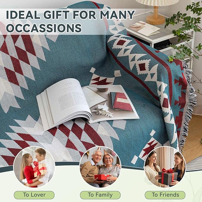 VClife Boho Couch Cover Soft Cotton Linen Blue Red Gray Triangle Plaid - Image 5