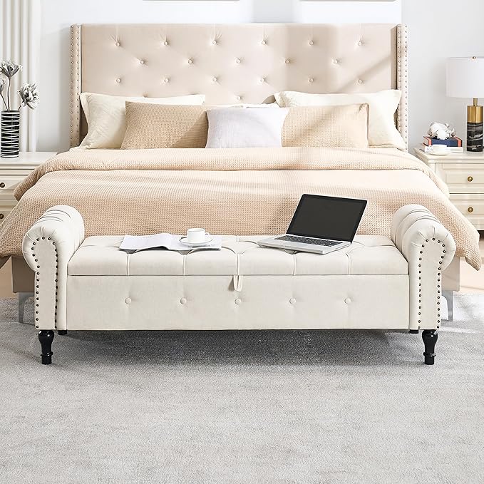 67" Storage Bench for Bedroom, Linen End of Bed - Image 3