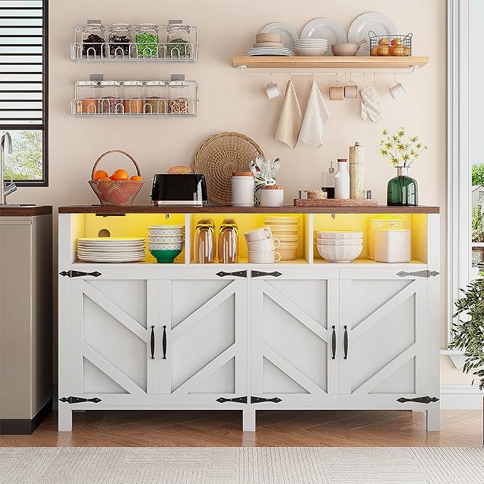 knoworld Buffet Sideboard with Storage with Power Outlets & LED Light 4 Doors - Image 6