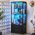 FREDEES Display Cabinet with Glass Doors, Tall Bookcase with 3 Color Lights and by FREDEES