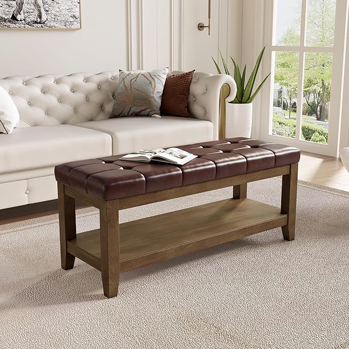 ABHENG Solid Rubber Wood Shoe Bench, Easy-Clean PU Upholstered Seat, 770LB Load - Image 7