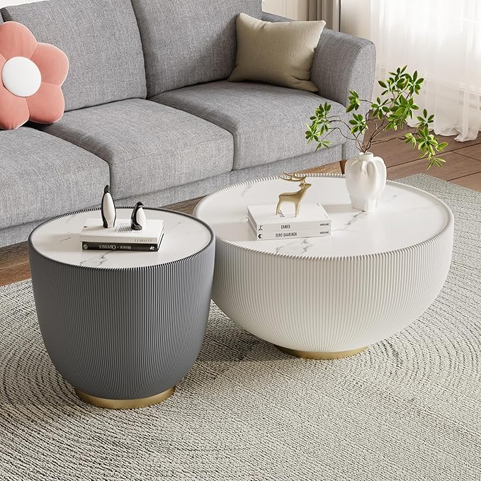 Round Marble Coffee Table Set of 2, 2 Piece White Coffee Table and End Table - Image 3